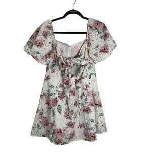 Showpo Mini Dress Floral Eyelet Puff Sleeve With Tie Front Size 8 (M) Womens